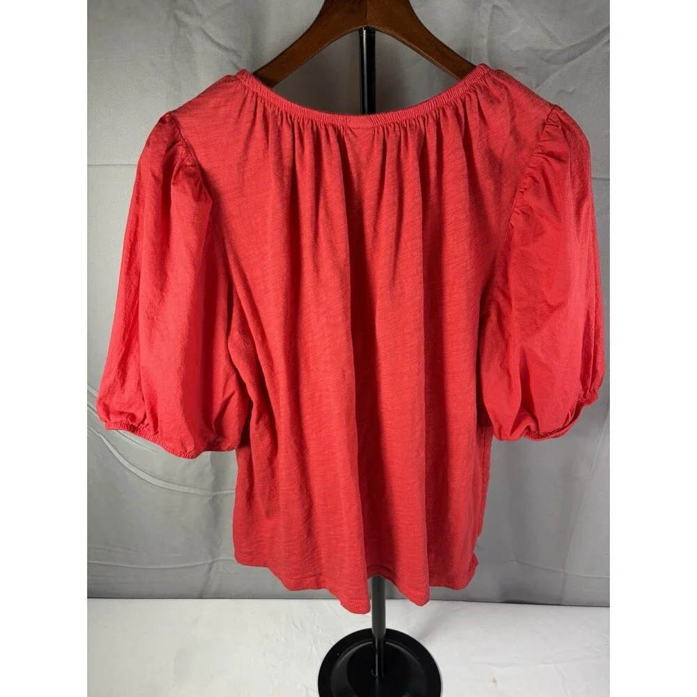 Old Navy Womens Large Red Cotton Slub Puff Sleeve Keyhole Blouse Top